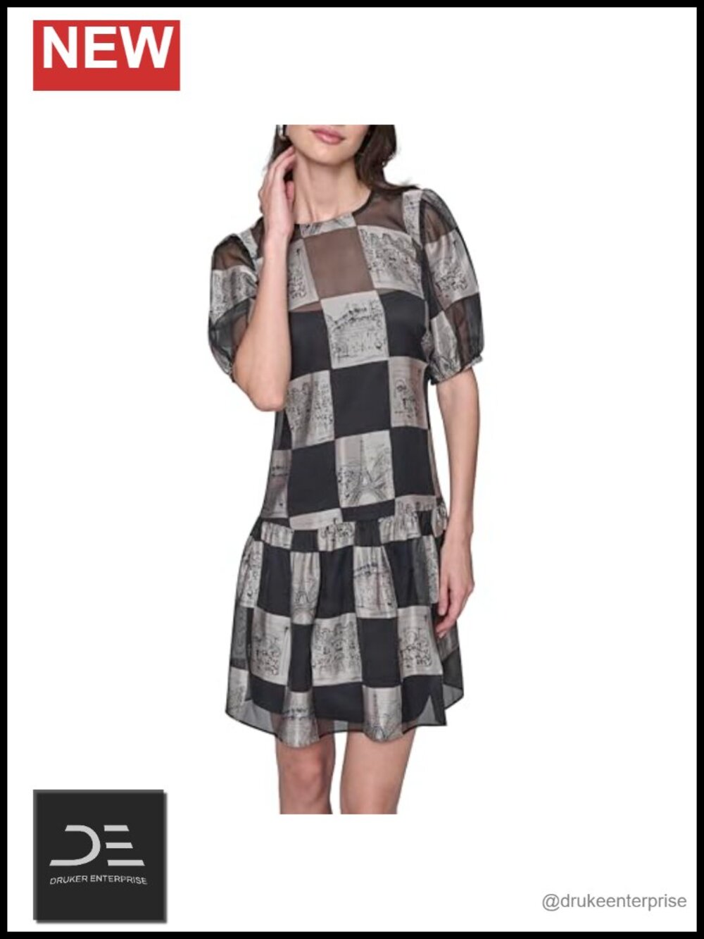 Puff Sleeve Graphic Burnout A-line Midi Dress Scoop Neck Short Sleeve